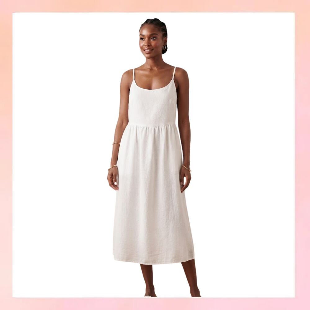 Quince White Linen Midi Dress Smocked Back Spaghetti Strap Medium
